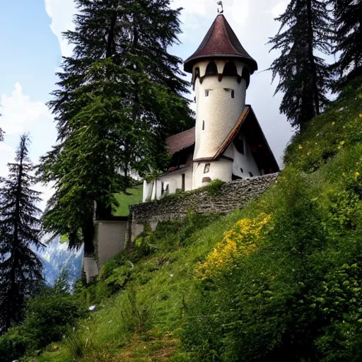 Prompt: little castle on a forest hill in switzerland in the summer