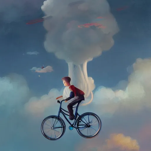 Prompt: A whimsical painting of a boy riding a bicycle in the sky, flying through the clouds, digital art, artstation, Mandy Jurgens, CGSociety, WLOP