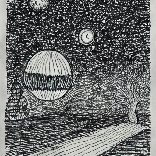 Image similar to pen and ink drawing of gloomy night sky, crosshatching, edward gorey, hatches