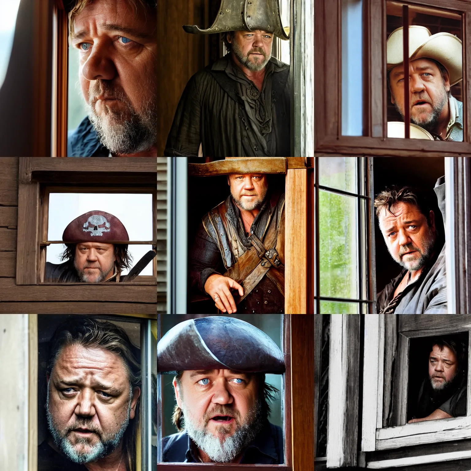 Prompt: russell crowe with large pirate hat peering out concerned down to camera from a small glass window in a wooden wall