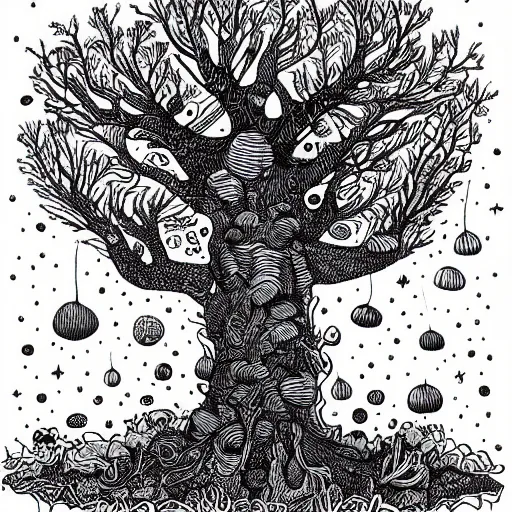 Image similar to black and white ink doodle illustration of an ancient tree floating in outer space, overgrown with funghi, style by peter deligdisch, peterdraws