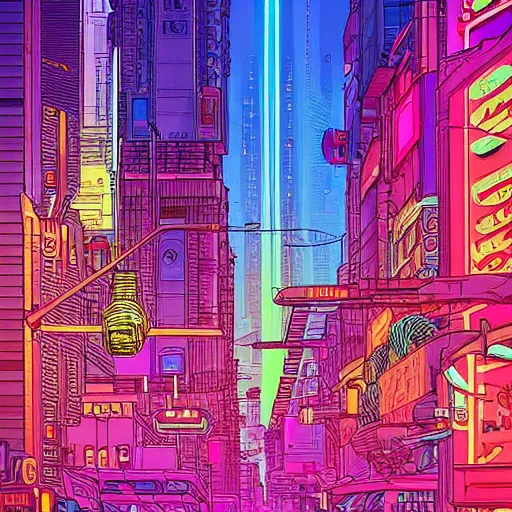 Prompt: neon cyberpunk city street in the style of Jean Giraud, Moebius