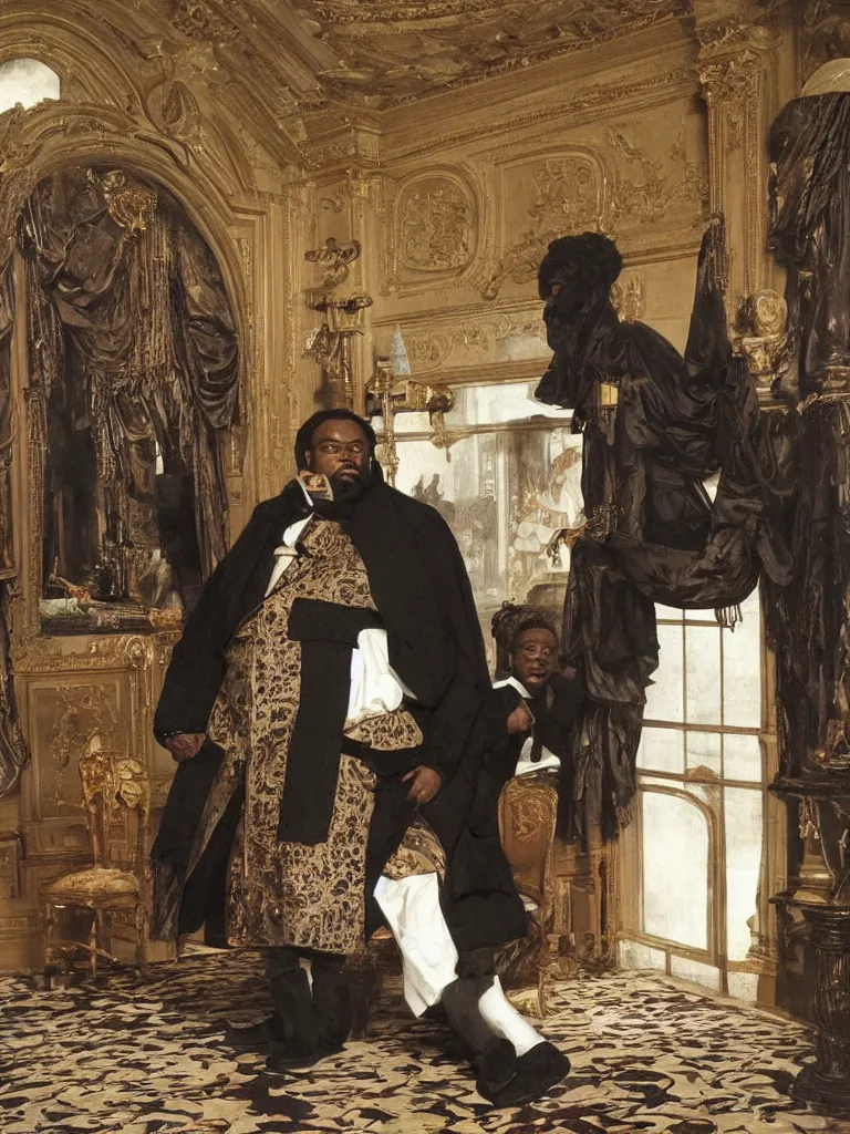 Prompt: one large black man wearing an overcoat and knee-length black boots stands in the living room of a beautiful ornate baroque English mansion, nobody else is present, adebanji alade, lawrence alma-tadema, george goodwin kilburne