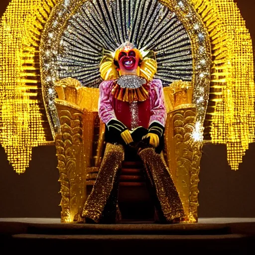 Prompt: shining majestic throne made of millions of diamonds, gold and zaphires with thousands of light reflections, and a clown is sitting on the throne