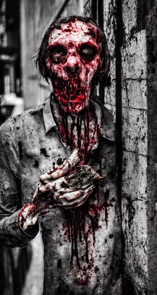 Image similar to lonely cannibal in alleyway, skinny and hunry with black tatterd clothing and bloody fingers at night, eating a piece of meat, horror, gothic, lovecraftian, 4 k, realistic, high detail, gruesome