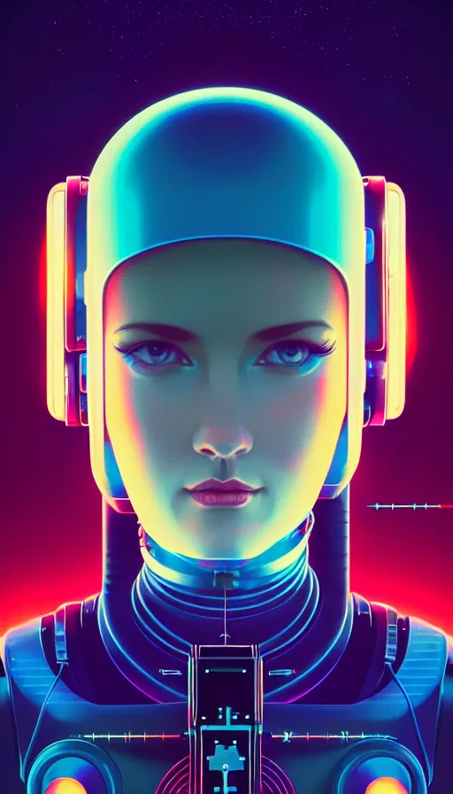 Prompt: retrofuturistic poster beautiful female cybernetic orthodox icon pattern nano enhancements, gradient space graphics in background, close up, quint buchholz, wlop, dan mumford, artgerm, liam brazier, peter mohrbacher, raw, featured on artstation, octane render, cinematic, elegant, intricate, 8 k