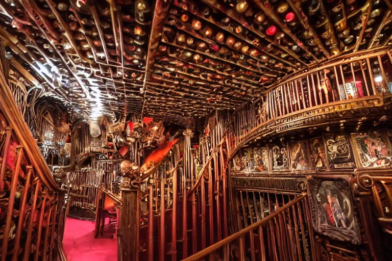 Image similar to the interior of the organ room at house on the rock made of red carpet and black wrought - iron, and is full of curved elevated walkways, interwoven catwalks, spiral ramps, and twisted staircases that are surrounded by cluttered arrangements of parts of pipe organs, clock gears, and engine components.