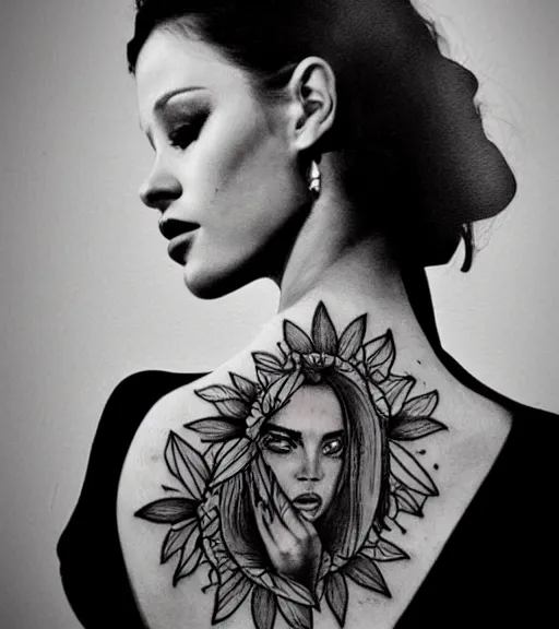 Image similar to tattoo design of beautiful woman portrait against a background of beautiful mountains and nature, in the style of den yakovlev, black and white, hyper realistic, highly detailed