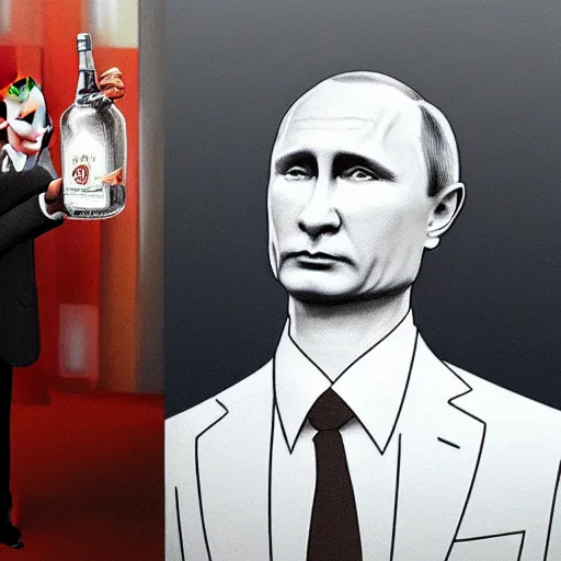 Image similar to Vladimir Putin holding a giant vodka bottle, detailed face, realistic face, photorealistic, highly detailed, cinematic