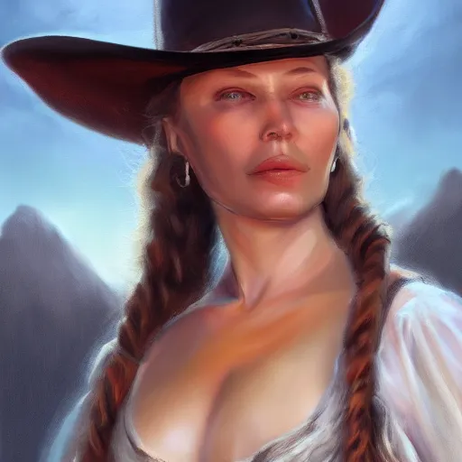 Image similar to a matte painting of the wild west woman, oil painting, pale colors, high detail, 8 k, wide angle, trending on artstation,