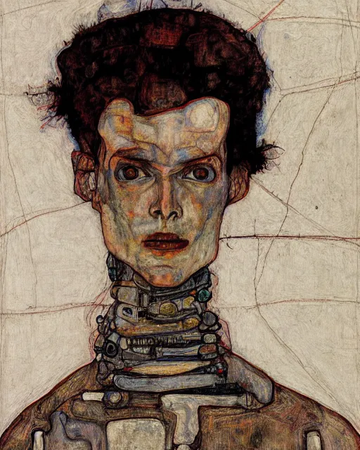 Image similar to portrait of a robot by egon schiele in the style of greg rutkowski