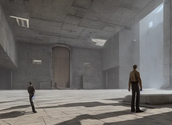 Image similar to a man standing in a brutalist soviet temple, a detailed matte painting by senior environment artist, cgsociety, fantasy art, reimagined by industrial light and magic, unreal engine 5, matte painting