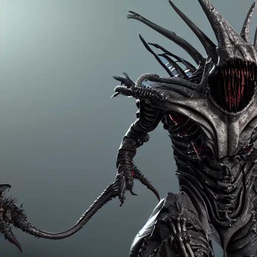 Image similar to hybrid cyborg digital cybernetic witch king of angmar morphed with a xenomorph parasite, photorealistic, 3d render, award winning render, unreal engine, octane render, studio lighting, 8k, hd