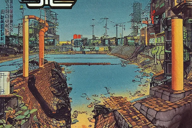 Image similar to 1 9 7 9 omni cover of a sewer pipe near spewing fish and trash into a moat in tokyo. entire background is a wall. art in cyberpunk style by dali, and vincent di fate