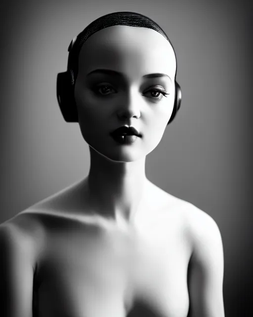 Image similar to black and white dreamy young beautiful female artificial intelligence, cinematic, rim light, photo - realistic, elegant, high detail, 8 k, masterpiece, photo taken in 1 9 3 0