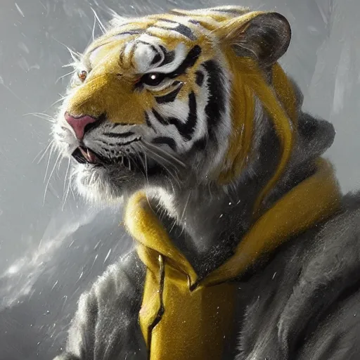 Image similar to a beautfiul award winning aesthetic commission of an antrho albino tiger wearing a yellow-black padded hooded puffer jacket,digital art,art by greg rutkowski,character design by charles bowater,ross tran,photorealistic,detailed face,hyperdetailed,western comic,2021,artstation,deviantart