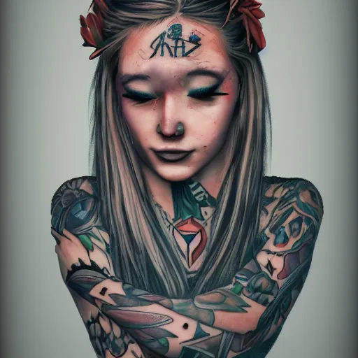 Image similar to a woman with a large tattoo on her forehead of a woman, trending on artstation, 4 k