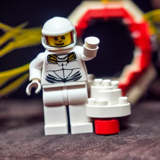 Image similar to lego astronaut fights spider ( eos 5 ds r, iso 1 0 0, f / 8, 1 / 1 2 5, 8 4 mm, postprocessed, bokeh )