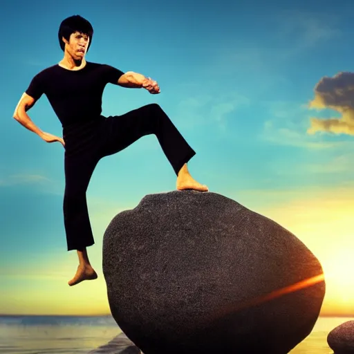 Image similar to Bruce Lee doing a kick on a rock while the sun rises in the background, HD, high resolution, cinematic, 4K