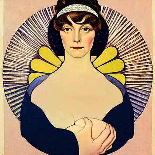 Prompt: Art in the style of Coles Phillips, Gaia, Full figured Mother Earth, portrait, Mucha, Georgia O'Keeffe