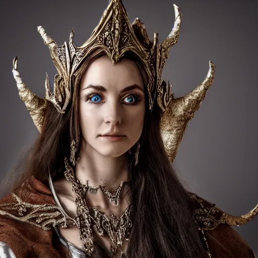 Prompt: photo of a beautiful elven queen queen with ornate crown and cloak, telephoto lens, incredibly detailed, 8k, HDR, studio