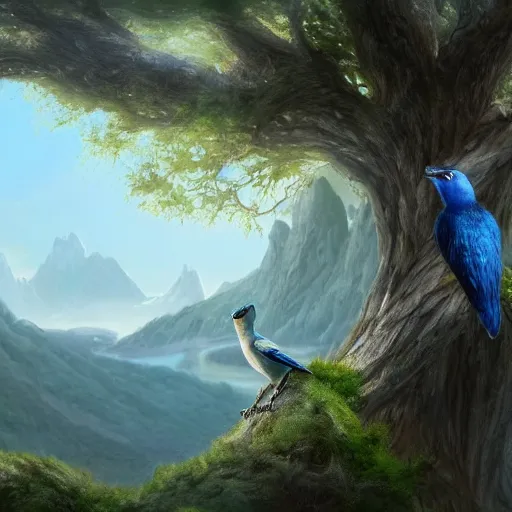 Prompt: The most beautiful realistic matte painting of a blue ring neck bird sitting on a tree surrounded by mountains, fantasy, dream-like, artstationHQ