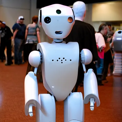 Prompt: !dream LOS ANGELES, CA JUNE 7 2024: Self-aware robots convention. One of the cutest robots at the convention demands a hug.