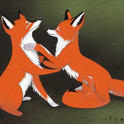 Prompt: a scene of two fox girls fighting over a piece of raw meat, detailed anime art