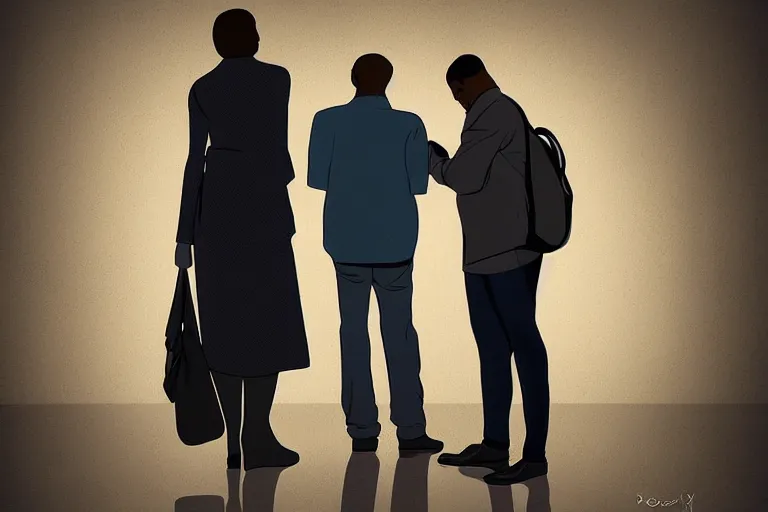 Image similar to tall, broad shouldered, security guard checks the bags of a worried looking couple, man and woman, digital art