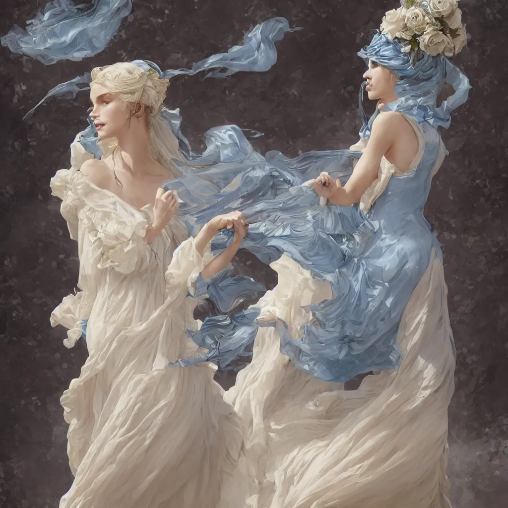 Image similar to woman dressed in a vaporous wrapped large victorian cream roses silk semi-transparent blue and cream dress fashion is running D&D, fantasy, intricate, elegant, highly detailed, digital painting, artstation, concept art, matte, sharp focus, illustration, art by Artgerm and Greg Rutkowski and Alphonse Mucha, UHD