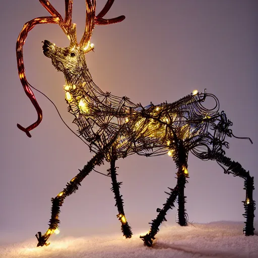 Image similar to Hyperrealistic rendering of a tall fantasy Reindeer sculpture made of wire and Christmas lights, 4k, sigma 35mm