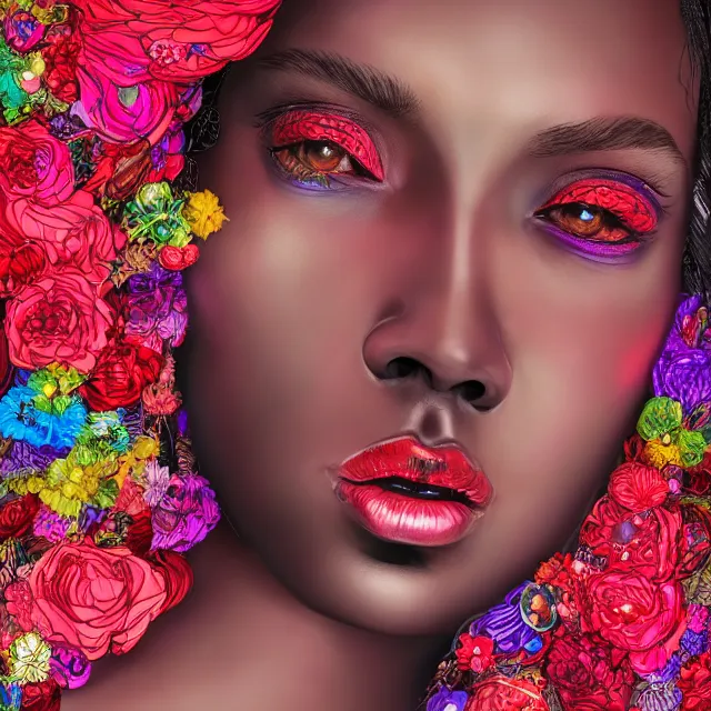 Prompt: studio portrait absurdly beautiful, elegant, lovely, young hypercolorful sensual black model rubies red petals gems, ultrafine hyperrealistic detailed face illustration by kim jung gi, irakli nadar, intricate linework, sharp focus, bright colors, matte, octopath traveler, final fantasy, unreal engine highly rendered, global illumination, radiant light, intricate rainbow environment