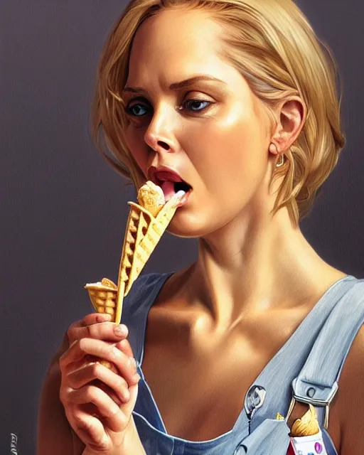 Image similar to portrait of a blonde fuller figured barbara bach from the bond film wearing dungarees and eating ice creams in porto, real life skin, intricate, elegant, highly detailed, artstation, concept art, smooth, sharp focus, art by artgerm and greg rutkowski and alphonse mucha