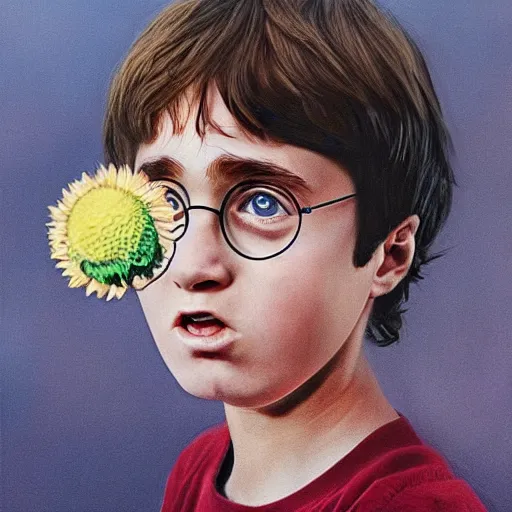 Image similar to hyperrealism portrait where harry potter appears holding and smelling a sunflower, in the background is the moon