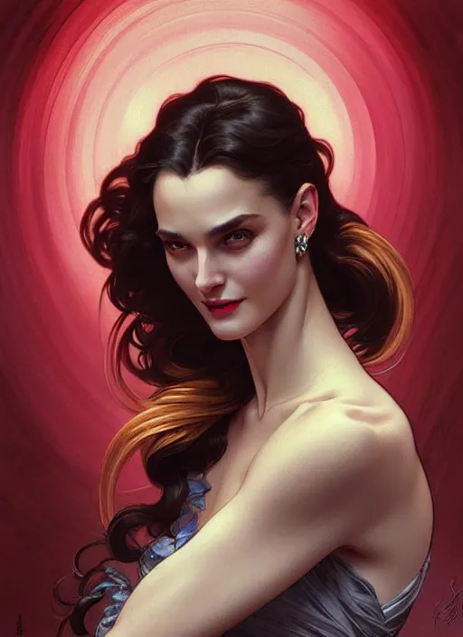 Prompt: “ daria strokous as femme fatale smiling and winking, intricate, elegant, highly detailed, digital painting, artstation, concept art, smooth, sharp focus uhd 8 k, art by artgerm and greg rutkowski and alphonse mucha ”