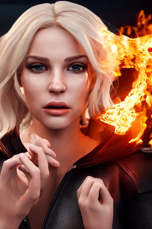 Image similar to a beautiful blonde woman spitting flames with her hands wearing a long matrix jacket, realistic, high definition, many details, dramatic scene, detailed and realistic hands, symmetrical face, realistic eyes, art of unreal engine 5