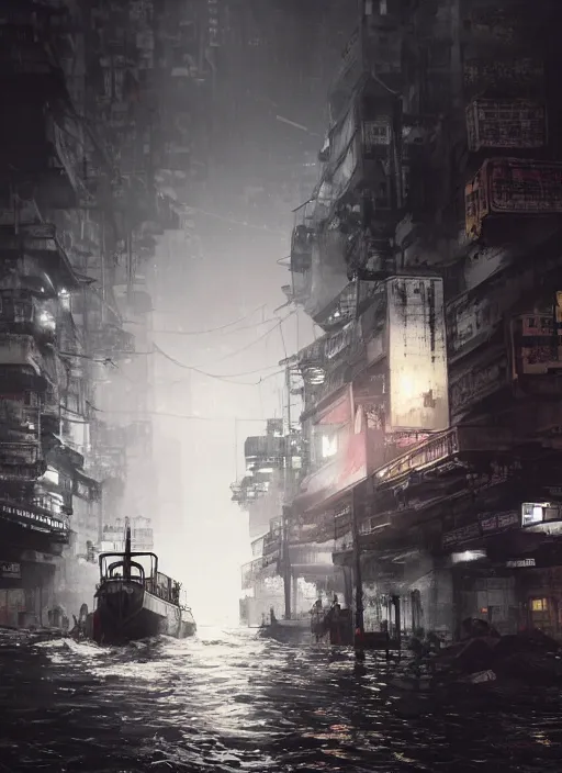 Image similar to dramatic Photorealistic, Matte Painting of a tug boat with bright head lights exploring a busy post apocalyptic deep flooded Hong Kong city street at night,dark Tall buildings by Greg Rutkowski,Craig Mullins,Hyperrealism,Beautiful dramatic moody lighting,Cinematic Atmosphere,volumetric,Octane Rendering,8K