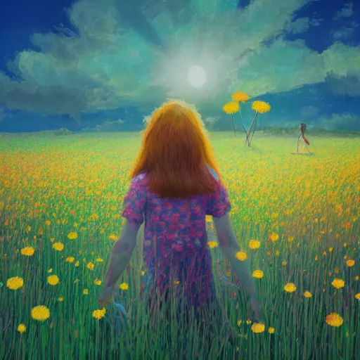 Prompt: girl with dandelion head, surreal photography, dream, standing in flower field, hills, big trees, sunrise dramatic light, impressionist painting, colorful clouds, digital painting, pointillism, artstation, simon stalenhag