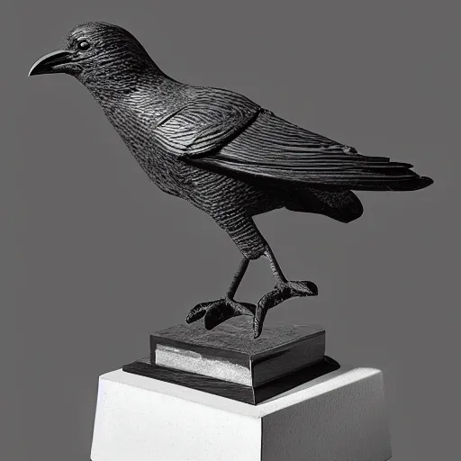Image similar to a black and white highly detailed and realistic statue of a flying crow, museum lighting, award winning, masterpiece