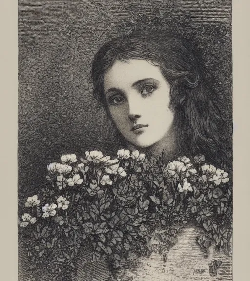 Prompt: black and white, close-up woman eyes in flowers, Gustave Dore lithography