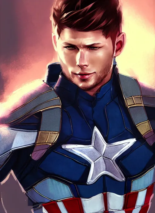 Image similar to an anime portrait of jensen ackles as a beautiful man wearing a captain america costume from skyrim, by stanley artgerm lau, wlop, rossdraws, james jean, andrei riabovitchev, marc simonetti, and sakimichan, trending on artstation