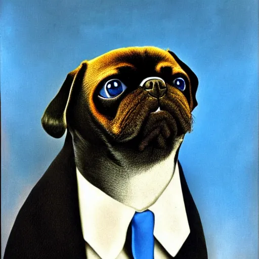 Prompt: a surrealist portrait of black pugalier dog wearing suit and tie, surreal background, by salvador dali