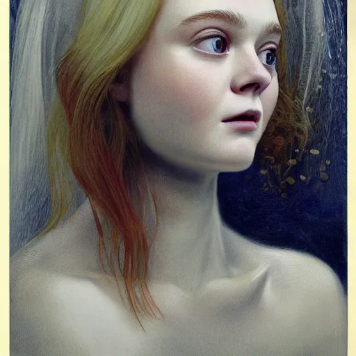 Image similar to Elle Fanning in a nightmare, head and shoulders portrait, extremely detailed masterpiece, Roger Deakin’s cinematography, illustration, by Michael Sowa,