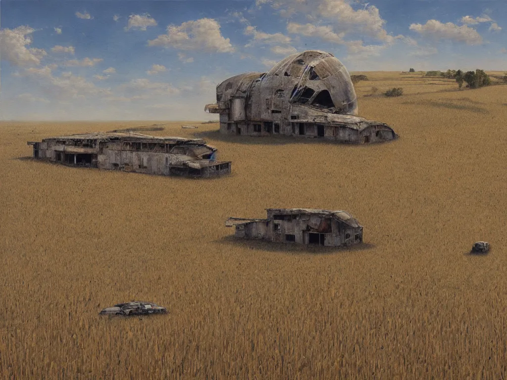 Prompt: A fantastic painting of a dilapidated post-modern building on a wheat field with an abandoned spaceship parked on the roof of the building, by Miles Johnston, Trending on artstation, very detailed