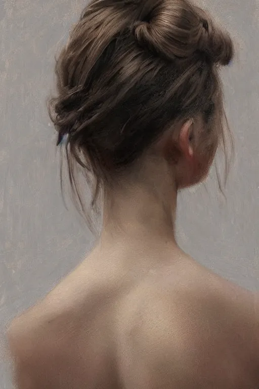 Image similar to girl with messy bun hairstyle, back view, tattoo sleeve, jeremy lipking, joseph todorovitch