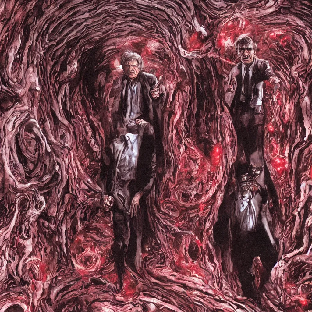 Image similar to Harrison Ford entering a chamber full of horrifying blood red spirals, cosmic horror, horror, cinematic, by Junji Ito, 8k