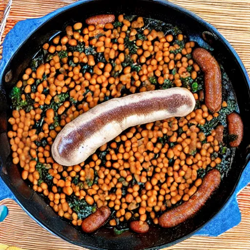 Prompt: Seaweed, baked beans, sausages in a frying pan, over a campfire, realistic, 8k, lots of detail