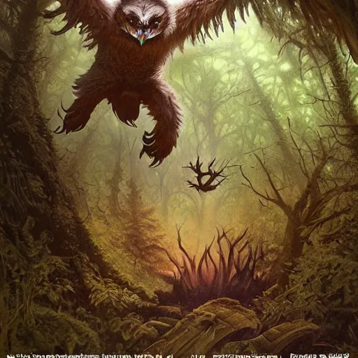 Image similar to owlbear in the forest, d & d, fantasy, greg rutkowski, frank frazetta, alexandre chaudret, boris vallejo, michael whelan, miro petrov, hr giger, magali villeneuve, donato giancola