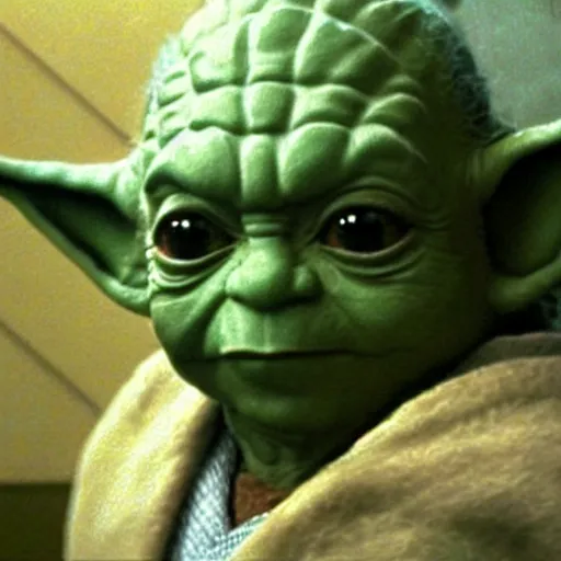 Image similar to master yoda using the urinal in the bathroom of the death star, movie scene from star wars 1 9 9 9