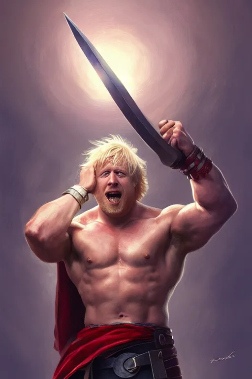 Image similar to Boris Johnson as Thor with Hammer, masculine bodybuilder figure, highly detailed, digital painting, artstation, concept art, smooth, sharp focus, illustration, cinematic lighting, art by artgerm and greg rutkowski and alphonse mucha